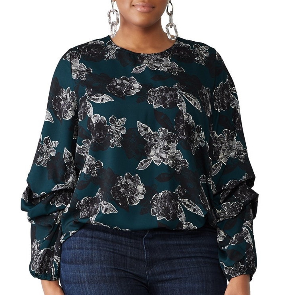 Eloquii Teal Floral Printed Dramatic Sleeves Long Sleeve Blouse Women’s 22 Plus